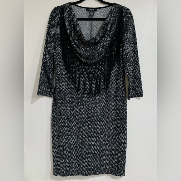 Style & Co. Dresses & Skirts - Black White Pattern Cowl Neck Lightweight Dress W/ Fringe Detail Size M Stretch